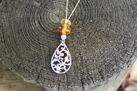 Filigree Teardrop Silver Necklace With Amber